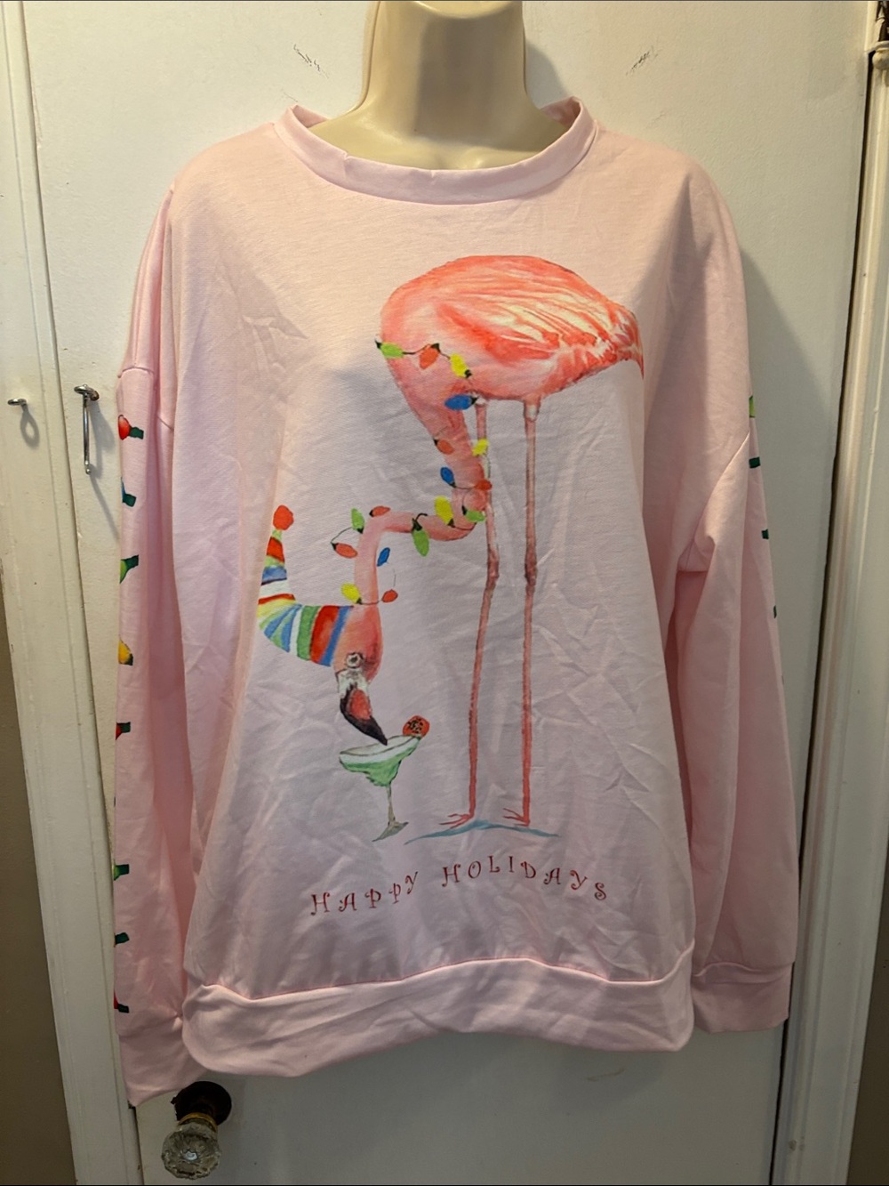 Pink Holiday Flamingo Sweatshirt – Christmas Lights & Margarita Graphic – 26-465